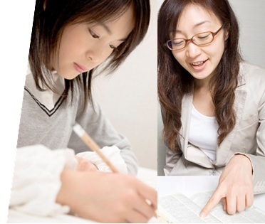 笑顔でガッツポーズする男子高校生と講師、勉強する女子高生と、授業する講師